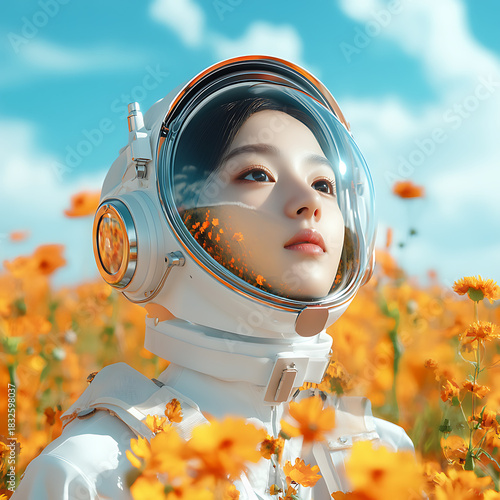 Astronaut in flower field nature portrait vibrant colors close-up exploration of beauty