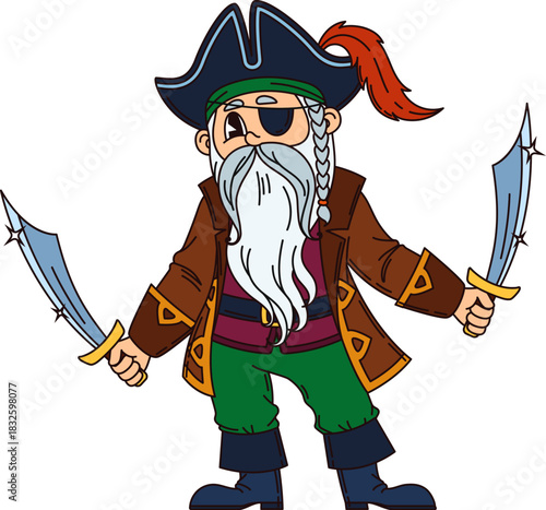 Old bearded corsair pirate cartoon funny character. Corsair sailor fighter personage, filibuster bandit vector mascot. Pirate captain funny character with long grey beard, eye patch and two swords