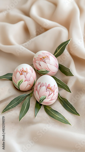 Delicate hand-painted easter eggs home decor photography soft fabric background close-up seasonal artistry