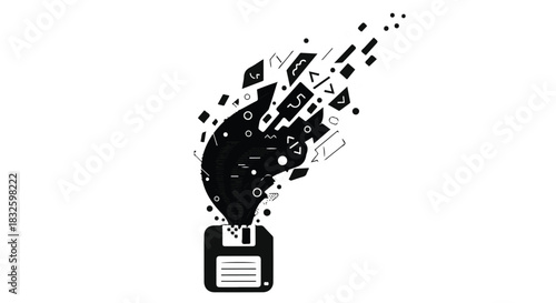 Black data explosion from computer hard drive with flying papers and documents in modern digital chaos