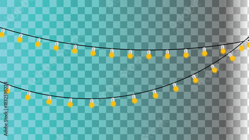 String of glowing yellow party light bulbs hanging on a wire