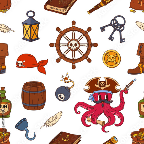 Cartoon pirate and corsair items seamless pattern with octopus captain, vector background for kids. Pirate pattern with ship helm and corsair hook hand, sailor spyglass, rum bottle and treasure gold