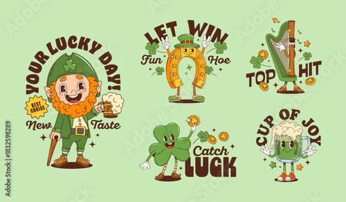 Retro groovy St Patrick day characters stickers and t shirt prints, cartoon vector set. Groovy leprechaun with green beer and funky horseshoe with shamrock clover for St Patrick Irish holiday stickers