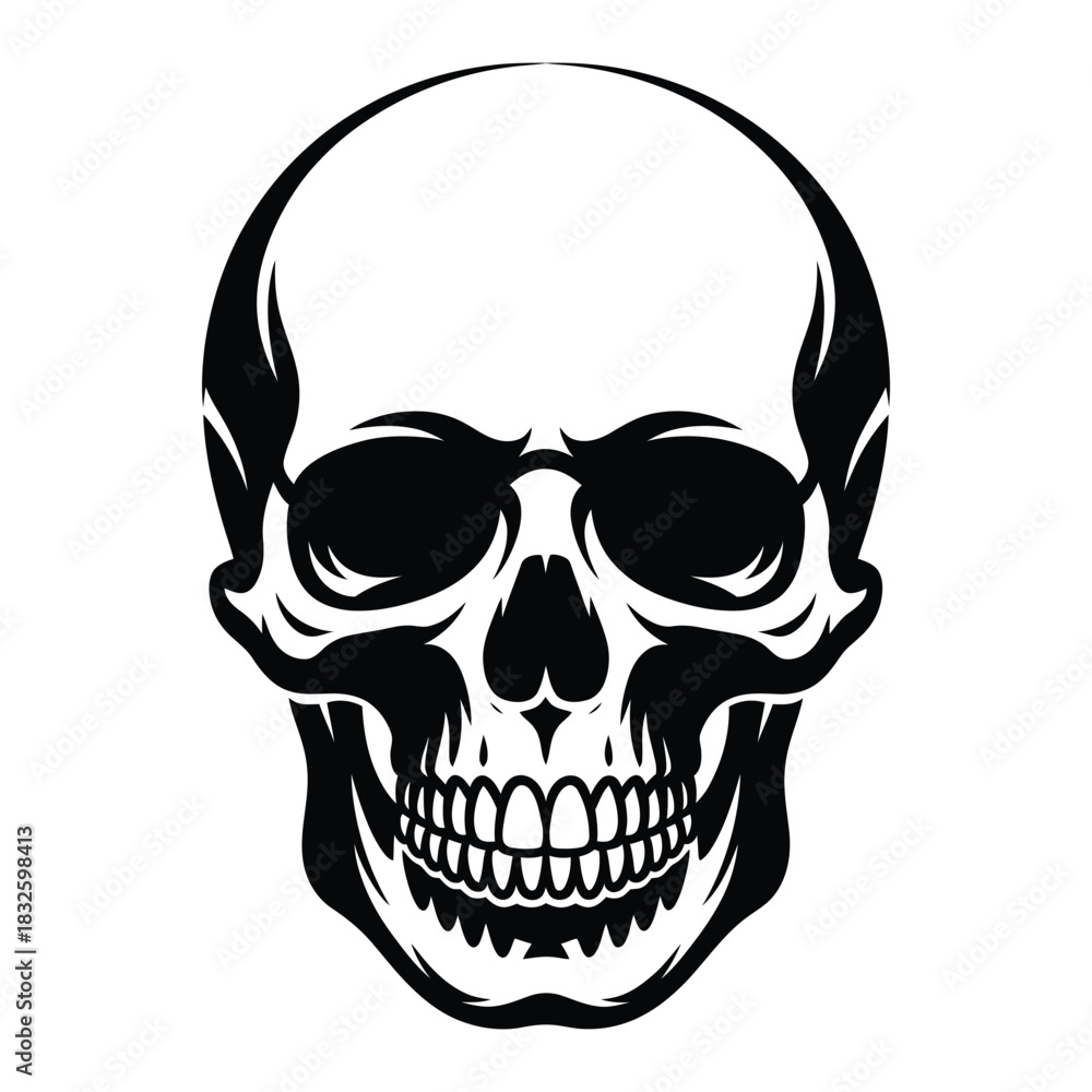Fototapeta premium A striking black and white illustration of a human skull, , showcasing its intricate details and anatomical structure in a minimalist style