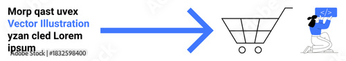 E-commerce, online shopping, web development, digital transactions, consumer behavior, programming. Shopping cart with blue arrow pointing to a coding developer symbol. E-commerce and web development