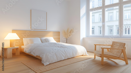 Cozy bedroom design modern apartment interior photography bright environment wide viewpoint minimalist concept