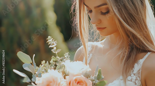 Bridal portrait with flower bouquet garden wedding photography natural setting close-up love and beauty