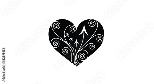 Black heart shape symbol with white floral pattern and swirls on solid background, love and care concept for Valentine's Day or romantic gesture