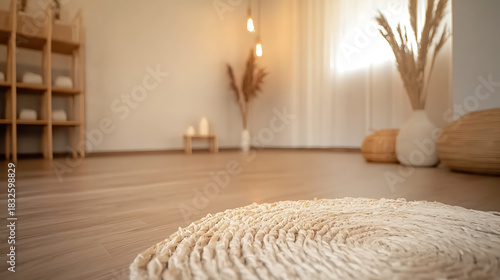 Serene interior space with natural decor modern home photography minimalist style ground level tranquility and harmony