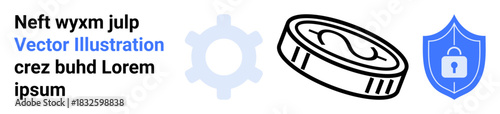 Digital currency, cybersecurity, blockchain, financial security, decentralized finance, online privacy. Gear, coin and shield icons in a structured layout. Cryptocurrency and cybersecurity theme