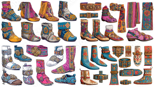 Colorful traditional boots and belts decorated with embroidered motifs, folk patterns, and ornate cultural details. Perfect for fashion design, costume themes, and craft illustration.
