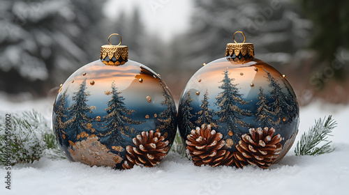 Beautifully crafted holiday ornaments in a snowy forest setting during winter