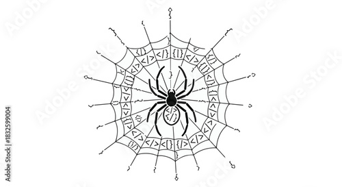 Black spider sitting in center of intricate web on white background, creepy crawly insect in detailed cobweb, Halloween symbol, nature wildlife creature