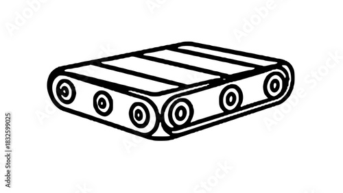 Black and white illustration of a conveyor belt with rollers, viewed from a slightly elevated perspective.