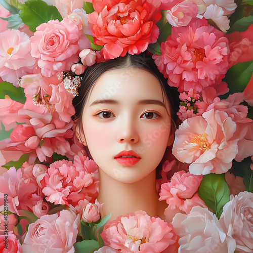 Flower adorned portrait of a young woman surrounded by blossoms aesthetic floral setting close-up view for beauty inspiration