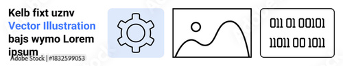 Gear for settings, picture for design or art, binary code for programming or data. Ideal for tech projects, creativity, digital art, coding, software, automation simple landing page
