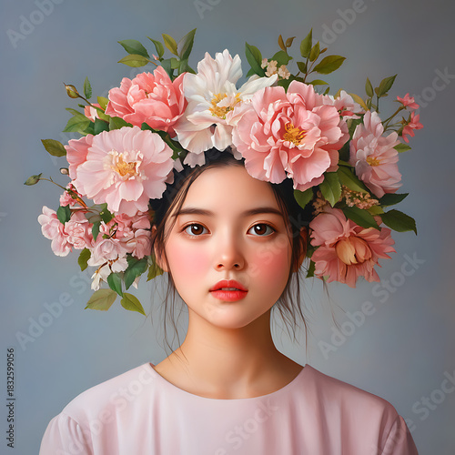Floral portrait of a young woman studio setting digital art soft lighting close-up beauty and nature combined