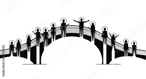Diverse group of people standing on bridge with arms raised in celebration, teamwork and unity concept in modern urban setting