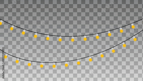 String of yellow incandescent light bulbs on a wire isolated