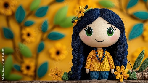 Charming 3D Doll with Big Green Eyes Surrounded by Flowers