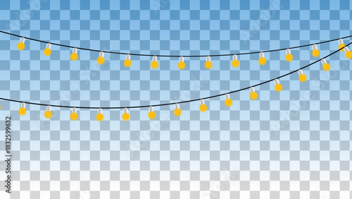 String of yellow party light bulbs hanging against a blue sky