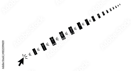 Digital progress visualized: a cursor clicking through a series of advancing screens on a white background