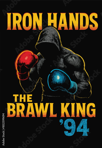 Iron Hands The Brawl King 1994 Boxing Illustration with Hooded Fighter and Red-Blue Gloves