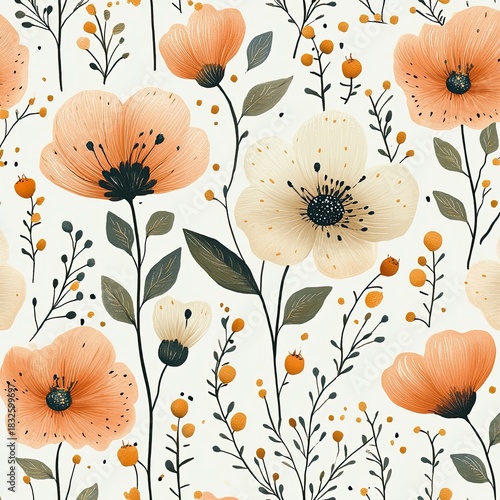 Delicate Floral Pattern in Peach and White Pastels