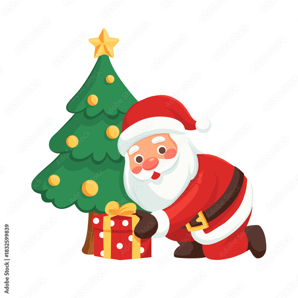 Fototapeta premium Festive Santa Claus placing a beautifully wrapped gift under the Christmas tree, spreading holiday cheer and creating magical moments this winter season