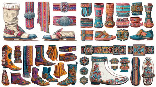 Traditional boots and belts with colorful decorative embroidery, cultural motifs, and handcrafted detailing ideal for folk fashion design, costume art, and creative decoration.