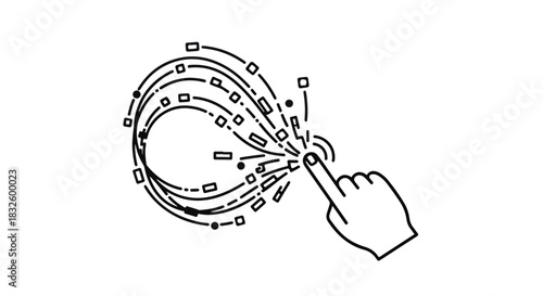 Hand interacting with digital interface technology concept illustration, finger touching virtual screen with data flow and network connections