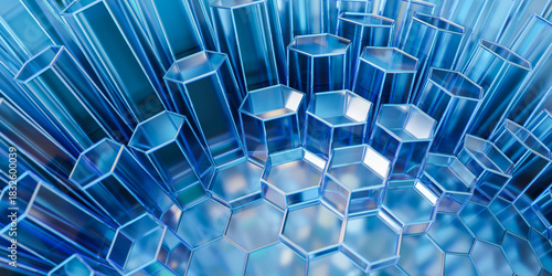 Fototapeta Naklejka Na Ścianę i Meble -  Abstract Technology Background Concept with blue glass hexagon structure, 3d rendering of futuristic honeycomb pattern for science, and medical or business presentation
