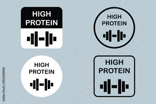 Set of four high protein food label icons featuring a dumbbell graphic