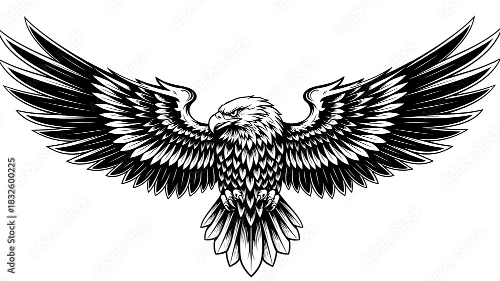 Obraz premium Black and White Eagle Illustration with Outstretched Wings Suitable for Tattoos or Artistic Designs
