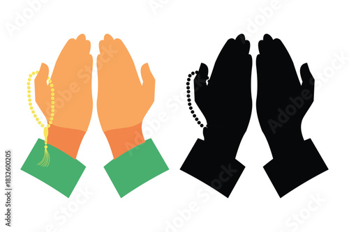 Two style illustration of praying hands holding prayer bead isolated on