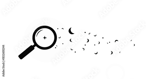 Magnifying glass with crescent moon shapes trail, symbolizing search and discovery in astronomy and mystery, conceptual illustration for problem-solving and investigation
