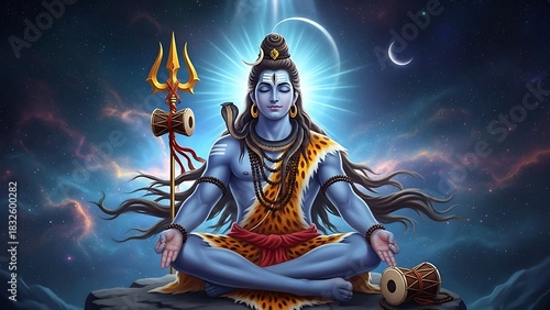 Blue Hindu God Meditating in Cosmic Night Sky Surrounded by Celestial Bodies and Spiritual Symbols