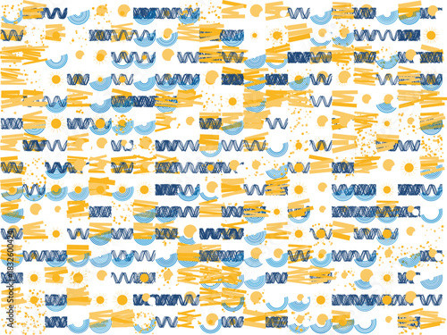 Seamless Abstract Pattern Background with Grunge Texture and Yellow and Blue Hand-Drawn Shapes
