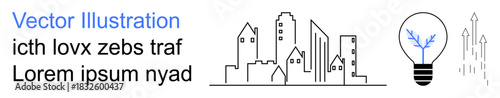 Urban development, innovation, sustainable cities, business growth, creativity, progress. Minimal urban skyline with a light bulb and arrows. Innovation and urban development