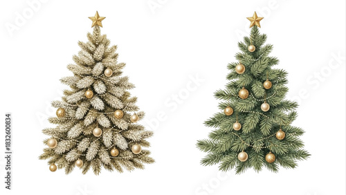 Watercolor Christmas Tree Set with Gold Ornaments Elegant Holiday Evergreen Illustration
