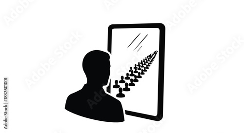 Silhouette of person seeing an endless line of people reflected in a mirror, symbolizing conformity or a vast audience.