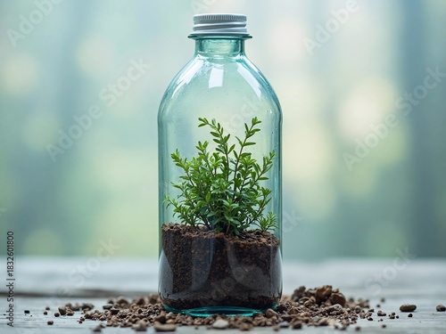 A vibrant green plant growing within a sealed glass bottle, symbolizing a miniature ecosystem on a rustic wooden table.