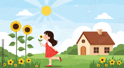 A sweet little girl in a red dress enjoys a sunny summer day in the countryside smelling a beautiful tall yellow sunflower.