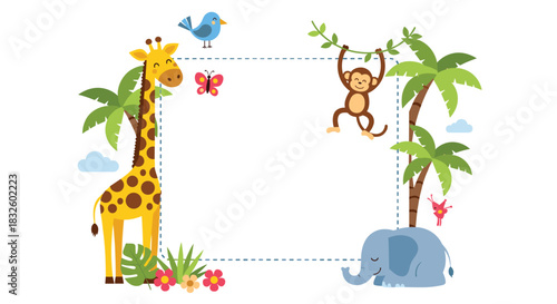 A cute and playful children's frame with jungle animals like a giraffe monkey and elephant perfect for a baby shower invitation.