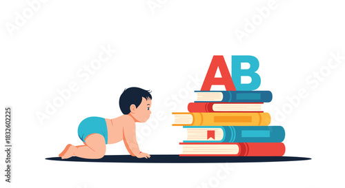 A curious baby boy in a diaper crawls towards a high stack of colorful books symbolizing a desire for early education.