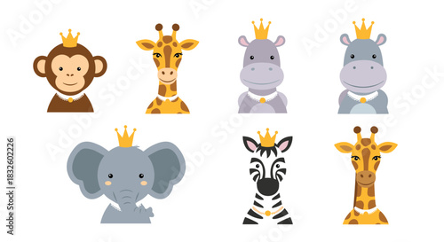 A royal collection of cute cartoon safari animal portraits each wearing a golden crown including a monkey giraffe and elephant.