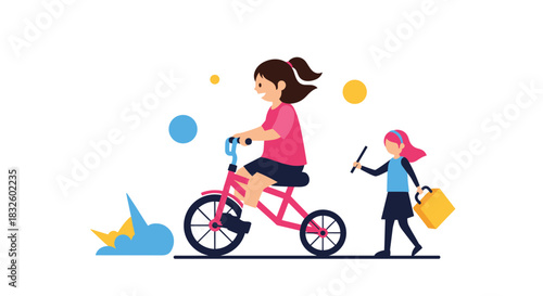Two young girls playing together outdoors with one girl happily riding a pink tricycle while her friend walks alongside her.