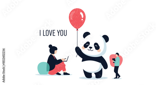 A cute panda holds a big red balloon next to a man and woman with the message I Love You in a sweet vector illustration.