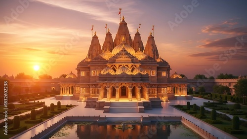 Grand Hindu Temple During Sunset with Illuminated Architecture and Water Reflection