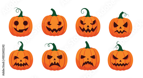 A spooky set of eight Halloween jack-o'-lanterns with various evil and scary carved faces isolated on a white background.